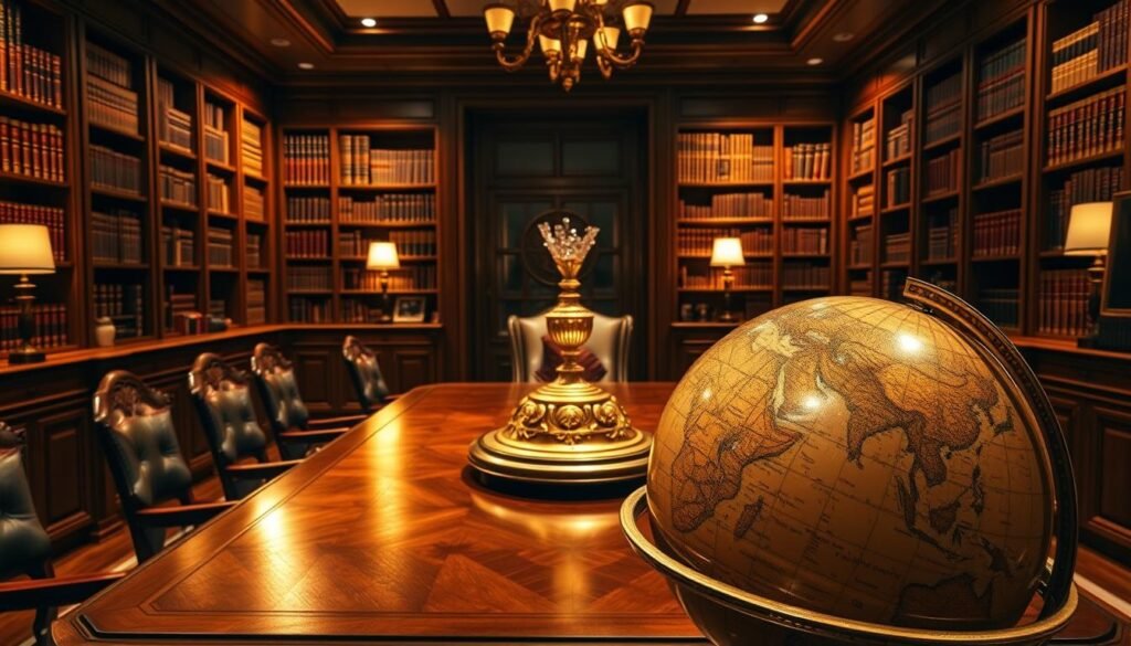 A beautifully illuminated family office interior, with a large wooden table as the centerpiece. The table is adorned with an ornate gold and silver centerpiece, symbolizing the importance of precious metals in family wealth management. The room is bathed in warm, golden lighting, casting a cozy, inviting atmosphere. Bookshelves line the walls, filled with leather-bound volumes, reflecting the intellectual and historical traditions of the family. In the foreground, a well-polished antique globe stands, evoking a sense of global perspective and the international nature of family office investments. The overall scene conveys the timeless elegance, stability, and prudent stewardship that define the role of gold in the preservation of family wealth.