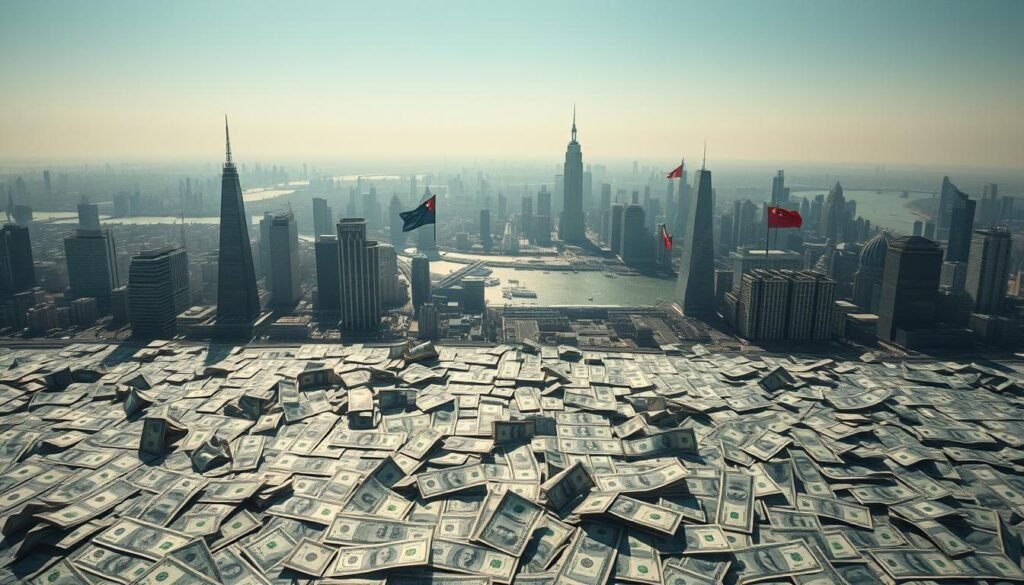 A bird's-eye view of a global financial landscape, where the once-dominant US dollar gradually recedes. In the foreground, a vast expanse of shifting currencies, ebbing and flowing like the tides, symbolizing the decline of dollar hegemony. The middle ground is dotted with towering financial centers, their shadows casting a sense of unease over the changing world order. In the background, a horizon of emerging economic powerhouses, their flags fluttering in the wind, signaling a new era of multipolar finance. The lighting is dramatic, casting sharp contrasts and a sense of foreboding, as the world navigates the complex waters of de-dollarization. A bird's-eye view of a global financial landscape, where the once-dominant US dollar gradually recedes. In the foreground, a vast expanse of shifting currencies, ebbing and flowing like the tides, symbolizing the decline of dollar hegemony. The middle ground is dotted with towering financial centers, their shadows casting a sense of unease over the changing world order. In the background, a horizon of emerging economic powerhouses, their flags fluttering in the wind, signaling a new era of multipolar finance. The lighting is dramatic, casting sharp contrasts and a sense of foreboding, as the world navigates the complex waters of de-dollarization.