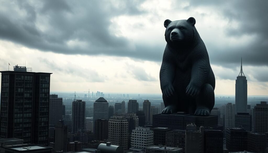 A bleak and ominous bear market landscape, with a towering, ominous bear statue looming over a desolate cityscape. The bear's eyes are piercing, its expression intense, casting an ominous shadow over the buildings below. The sky is a dark, foreboding gray, with heavy clouds that suggest an impending storm. The city itself is rendered in muted, subdued tones, with a sense of economic decline and uncertainty permeating the scene. The foreground is dominated by the bear statue, while the middle ground features a series of skyscrapers and other tall buildings, their windows reflecting the gloomy atmosphere. In the background, a hazy horizon suggests the vastness of the bear market's reach, leaving a sense of unease and trepidation.