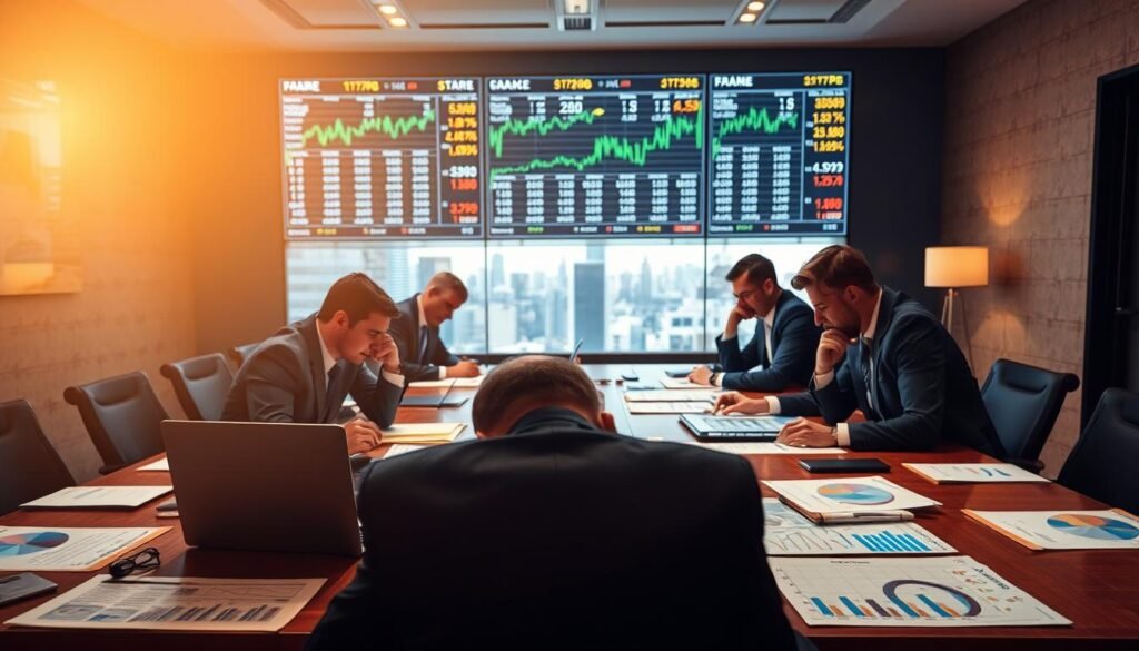 A board room table with a laptop, charts, graphs, and financial reports spread out, illuminated by warm, focused lighting from above. In the foreground, a group of analysts in suits poring over the data, expressions pensive and intent. In the middle ground, a large wall-mounted display showing stock price trends and forecasts. The background fades into a blurred view of the city skyline, hinting at the broader economic context. The overall mood is one of serious contemplation and the weight of financial decisions.