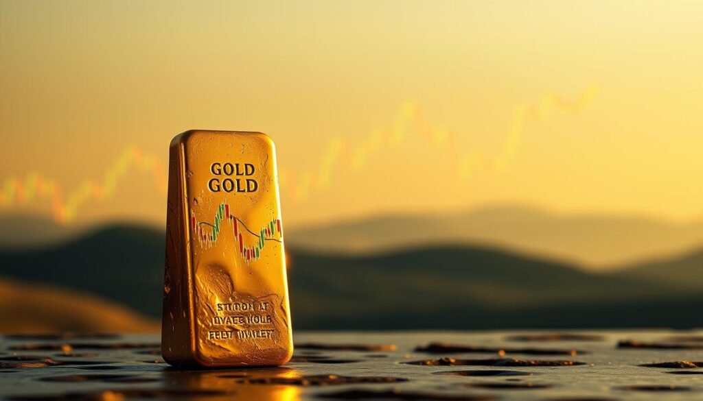 A breathtaking interplay of gold and equities, captured in a captivating visual metaphor. In the foreground, a gleaming golden ingot stands tall, its radiant surface reflecting the dynamic movements of a stock chart behind it. The chart, a representation of the equities market, undulates in shades of green and red, symbolizing the ebb and flow of investor sentiment. In the background, a muted, ethereal landscape sets the stage, hinting at the broader economic forces that govern the relationship between precious metals and financial assets. The lighting is warm and subtle, casting a sense of timeless elegance over the scene. Shot with a wide-angle lens, the composition invites the viewer to immerse themselves in the delicate balance between the stability of gold and the volatility of the markets.