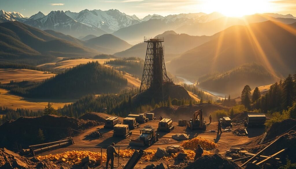 A breathtaking landscape of rolling hills and lush forests, bathed in the warm glow of the sun. In the foreground, a bustling gold mining operation, with rugged workers wielding pickaxes and shovels, extracting the precious metal from the earth. Massive machinery and equipment dot the scene, conveying the scale and intensity of the operation. In the middle ground, a towering mine shaft rises up, its sturdy wooden beams and metal supports a testament to the ingenuity of human engineering. The background is dominated by jagged, snow-capped peaks, casting long shadows across the landscape and creating a sense of grandeur and timelessness. The overall mood is one of hard-earned prosperity, with the promise of wealth and opportunity shimmering in the golden ore. A breathtaking landscape of rolling hills and lush forests, bathed in the warm glow of the sun. In the foreground, a bustling gold mining operation, with rugged workers wielding pickaxes and shovels, extracting the precious metal from the earth. Massive machinery and equipment dot the scene, conveying the scale and intensity of the operation. In the middle ground, a towering mine shaft rises up, its sturdy wooden beams and metal supports a testament to the ingenuity of human engineering. The background is dominated by jagged, snow-capped peaks, casting long shadows across the landscape and creating a sense of grandeur and timelessness. The overall mood is one of hard-earned prosperity, with the promise of wealth and opportunity shimmering in the golden ore.