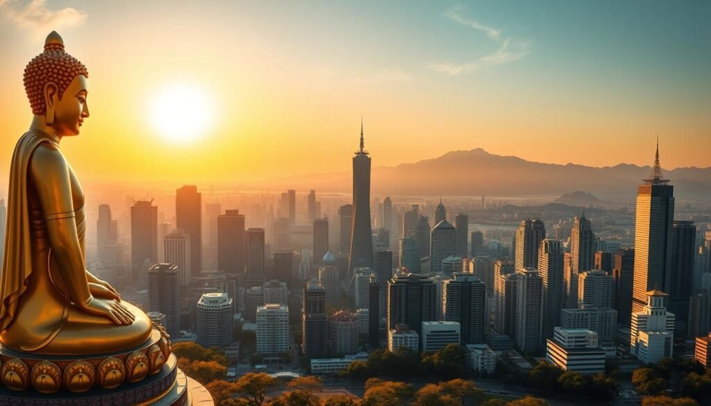 A breathtaking panoramic view of a bustling Asian cityscape, bathed in the warm glow of the setting sun. In the foreground, a magnificent golden statue of a serene Buddha figure stands tall, its intricate details reflecting the rich cultural heritage of the region. In the middle ground, towering skyscrapers and gleaming high-rises symbolize the economic prosperity and modernization of Asia, while in the background, a magnificent mountain range rises, suggesting the natural beauty and ancient wisdom that underpins the continent. The scene is illuminated by a soft, diffused light, creating a sense of tranquility and timelessness. The overall composition conveys the profound significance of gold as a symbol of spirituality, wealth, and the enduring strength of Asian economies.