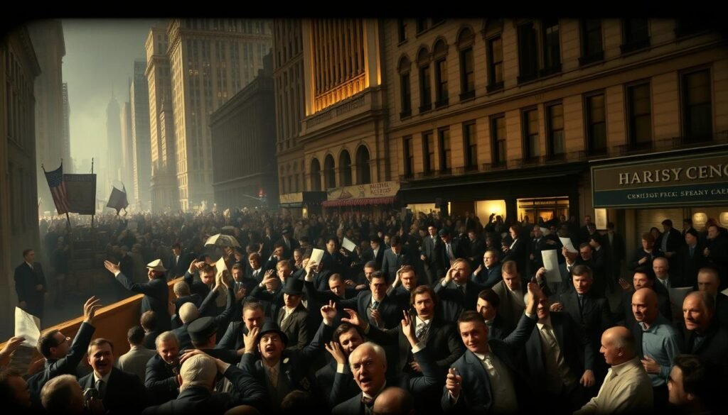 A bustling 19th-century New York City financial district, with a towering Wall Street in the background. In the crowded foreground, panicked traders gesticulate wildly, their faces etched with fear as they attempt to buy and sell gold shares during the chaotic "Black Friday" market crash. The air is thick with tension, the lighting dim and dramatic, casting long shadows across the scene. In the middle ground, a sense of urgency pervades as brokers rush to their offices, papers flying, while onlookers watch the unfolding crisis unfold. The overall mood is one of financial turmoil and economic uncertainty, reflecting the high stakes and dire consequences of the 1869 Gold Panic. A bustling 19th-century New York City financial district, with a towering Wall Street in the background. In the crowded foreground, panicked traders gesticulate wildly, their faces etched with fear as they attempt to buy and sell gold shares during the chaotic "Black Friday" market crash. The air is thick with tension, the lighting dim and dramatic, casting long shadows across the scene. In the middle ground, a sense of urgency pervades as brokers rush to their offices, papers flying, while onlookers watch the unfolding crisis unfold. The overall mood is one of financial turmoil and economic uncertainty, reflecting the high stakes and dire consequences of the 1869 Gold Panic.