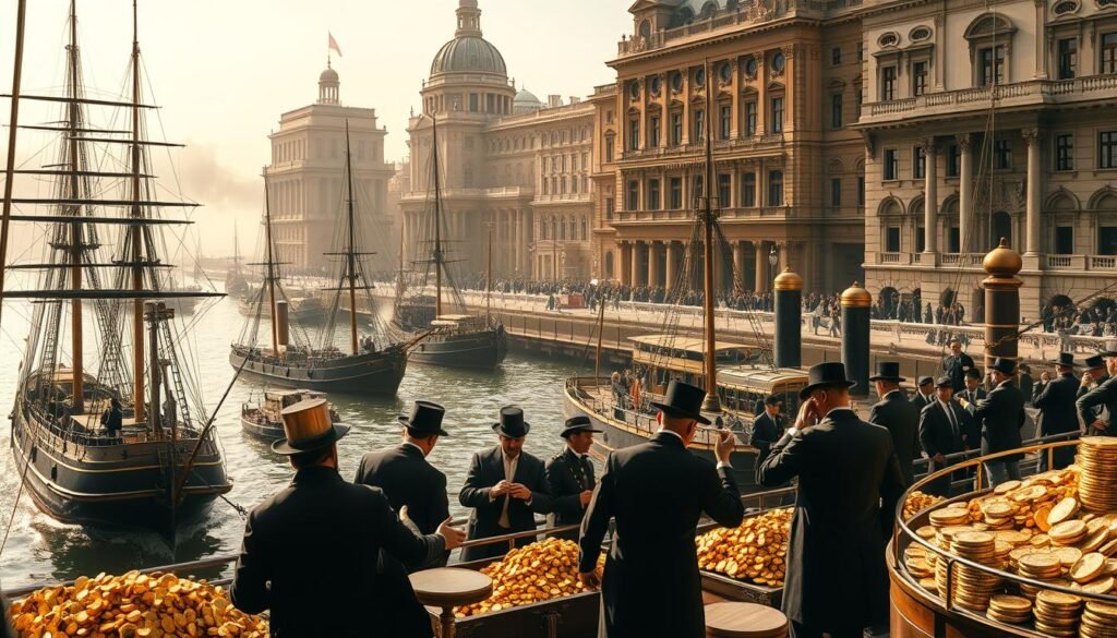 A bustling 19th-century port, with sailing ships and steam-powered vessels anchored in the harbor, their hulls laden with gold bullion and coins. In the foreground, merchants in suits and top hats haggle over the exchange rates, their gestures animated as they negotiate the global flow of the precious metal. The background is dominated by towering warehouses and banks, their facades adorned with ornate carvings and gilded details, symbolizing the wealth and power of the international gold trade. The scene is bathed in a warm, golden light, casting long shadows and highlighting the opulence and grandeur of this pivotal moment in economic history.