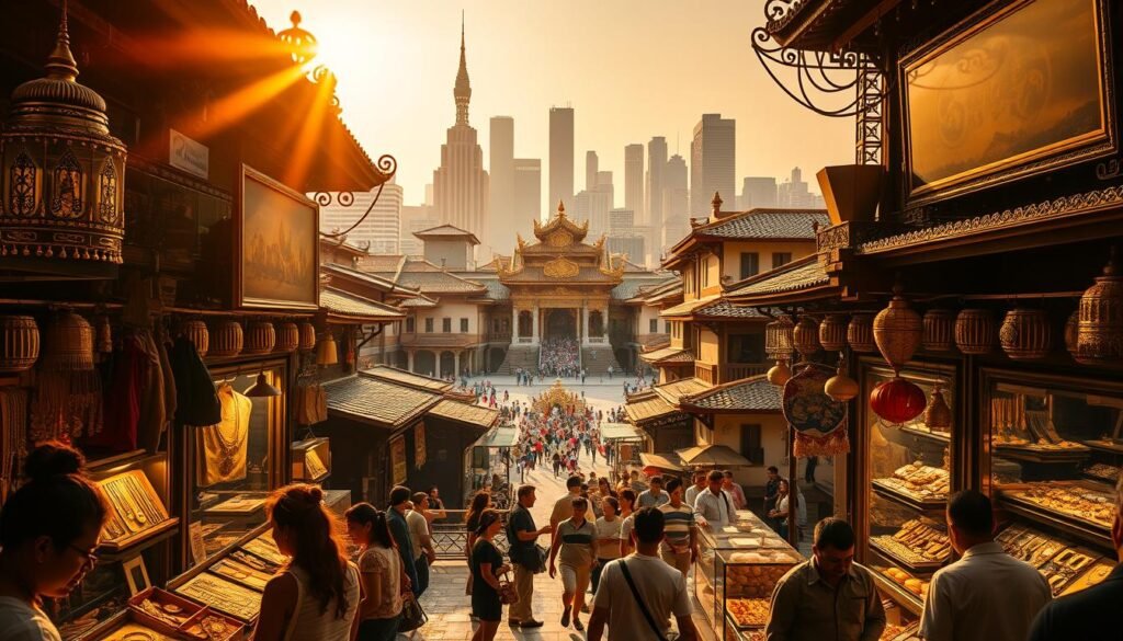 A bustling Asian gold market in the heart of a vibrant city, with rows of gleaming jewelry stores and stalls displaying intricate gold artifacts. The warm, golden light filters through ornate architectural details, casting a rich, luminous glow over the scene. In the foreground, customers haggle with merchants, examining the craftsmanship of delicate necklaces, bracelets, and rings. In the middle ground, a maze of narrow alleyways and winding streets lead to a central square, where a grand, gilded temple stands tall, its ornate roof reflecting the sun's rays. In the background, a blend of modern and traditional skyscrapers and buildings rise up, creating a harmonious juxtaposition of old and new.
