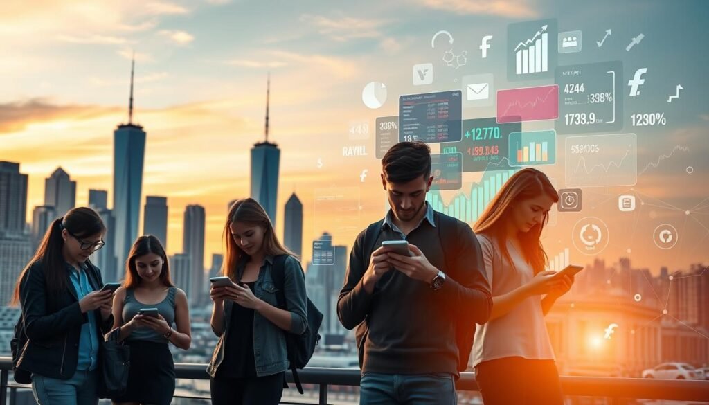A bustling city skyline at dusk, with skyscrapers and modern architecture silhouetted against a vibrant, golden-hued sunset. In the foreground, a group of young professionals, dressed in casual attire, intently examining their smartphones and tablets, immersed in the world of digital investing. The middle ground features a collage of financial data, stock tickers, and wealth-building tools, reflecting the tech-savvy, mobile-first approach of millennial investors. The background is a blend of futuristic technology and traditional financial symbols, symbolizing the evolving investment landscape. Soft, warm lighting and a sense of energy and optimism permeate the scene, capturing the spirit of the millennial generation's shifting approach to managing their financial futures.
