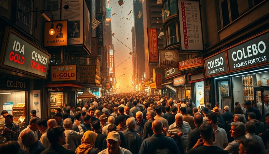 A bustling city street, awash in a frenetic golden glow. Crowds of panicked investors jostle and shove, clutching stacks of cash as they rush to buy gold. Storefronts and street vendors offer glittering bars and coins, their prices skyrocketing amidst the hysteria. Overhead, a swirling maelstrom of headlines and financial data projects an ominous atmosphere of crisis. Dramatic low-angle shot, cinematic lighting and depth of field to capture the intensity and sense of urgency. Convey the emotional turmoil and desperation driving this crisis-fueled gold rush.