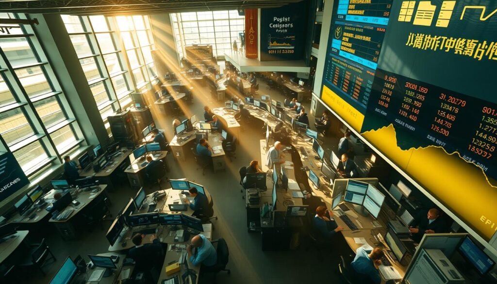 A bustling financial center, a bird's eye view of the gold market trading floor. Rows of trading desks, analysts poring over charts and graphs, the hum of activity punctuated by the occasional shout. Sunlight streams through expansive windows, casting a warm glow on the proceedings. In the foreground, a large digital display board showcases the latest gold price fluctuations, the numbers flashing rapidly. The atmosphere is one of focused intensity, as traders make split-second decisions that could determine the future of the global gold market. A bustling financial center, a bird's eye view of the gold market trading floor. Rows of trading desks, analysts poring over charts and graphs, the hum of activity punctuated by the occasional shout. Sunlight streams through expansive windows, casting a warm glow on the proceedings. In the foreground, a large digital display board showcases the latest gold price fluctuations, the numbers flashing rapidly. The atmosphere is one of focused intensity, as traders make split-second decisions that could determine the future of the global gold market.