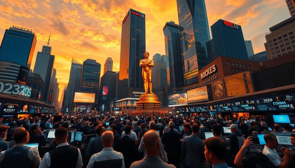 A bustling financial district in the year 2025, skyscrapers gleaming with a golden hue under a vibrant sunset sky. In the foreground, a crowd of investors and traders energetically exchange shares and commodities, their faces lit by the glow of digital screens. Amidst the hustle and bustle, a towering golden statue stands tall, symbolizing the wealth and prosperity of the global gold market. The scene is captured through a wide-angle lens, conveying a sense of the scale and dynamism of the "Gold Rush of 2025". A bustling financial district in the year 2025, skyscrapers gleaming with a golden hue under a vibrant sunset sky. In the foreground, a crowd of investors and traders energetically exchange shares and commodities, their faces lit by the glow of digital screens. Amidst the hustle and bustle, a towering golden statue stands tall, symbolizing the wealth and prosperity of the global gold market. The scene is captured through a wide-angle lens, conveying a sense of the scale and dynamism of the "Gold Rush of 2025".