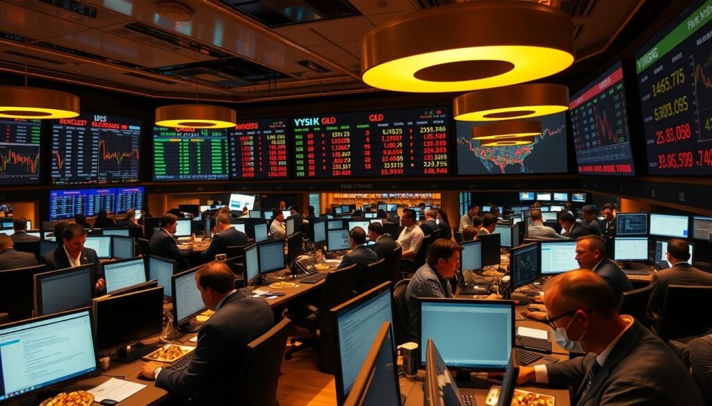 A bustling gold trading floor with brokers and analysts intently studying price charts and market data on their screens. The warm glow of overhead lamps casts a rich, golden hue across the space, highlighting the gleam of the precious metal samples on the traders' desks. In the background, a large digital display board showcases the latest gold prices and trading volumes, while the room is filled with the hum of intense discussions and the occasional ringing of telephones. The atmosphere conveys a sense of dynamic activity and the high-stakes nature of the global gold market.