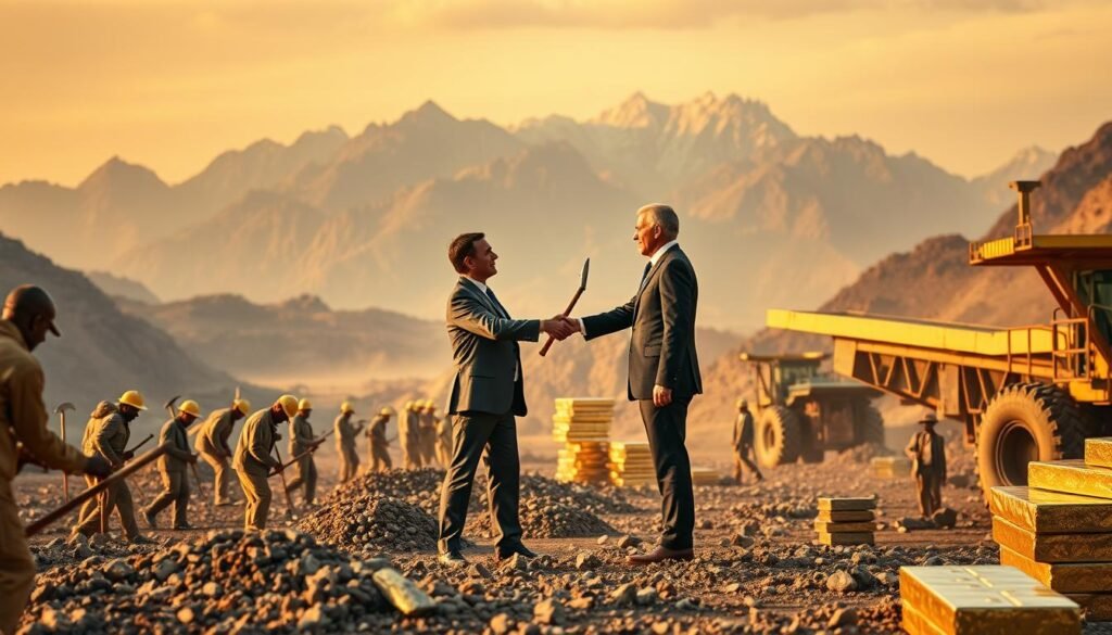 A bustling scene of gold mining mergers and acquisitions activity, captured in a cinematic wide-angle shot. In the foreground, two businessmen in suits shake hands, sealing a deal amidst a flurry of activity - miners wielding pickaxes, heavy machinery moving ore, and stacks of gold bullion. The middle ground features towering mountains in the distance, their rugged peaks glowing in the warm light of a golden sunset. The background is filled with a hazy, industrial atmosphere, hinting at the scale and complexity of the global gold mining industry. Crisp, high-contrast lighting emphasizes the drama and significance of this pivotal moment in the sector's evolution. A bustling scene of gold mining mergers and acquisitions activity, captured in a cinematic wide-angle shot. In the foreground, two businessmen in suits shake hands, sealing a deal amidst a flurry of activity - miners wielding pickaxes, heavy machinery moving ore, and stacks of gold bullion. The middle ground features towering mountains in the distance, their rugged peaks glowing in the warm light of a golden sunset. The background is filled with a hazy, industrial atmosphere, hinting at the scale and complexity of the global gold mining industry. Crisp, high-contrast lighting emphasizes the drama and significance of this pivotal moment in the sector's evolution.