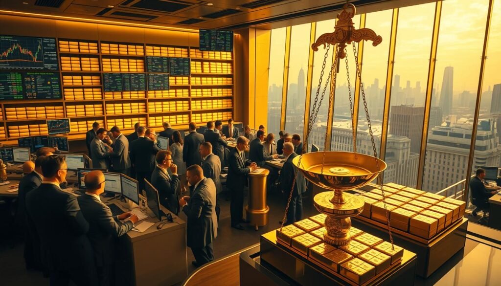 A bustling trading floor in a prestigious gold exchange, bathed in warm golden light. Traders in suits and ties huddle around electronic screens, analyzing charts and graphs with intense focus. In the foreground, a massive golden scale weighs precious bullion, its intricate mechanisms on display. Shelves behind it hold rows of gleaming gold bars, their surfaces reflecting the activity on the floor. In the background, a large window offers a panoramic view of a modern city skyline, symbolizing the global reach of the gold market. The atmosphere is one of precision, wealth, and the constant flow of transactions that drive the world's gold trade. A bustling trading floor in a prestigious gold exchange, bathed in warm golden light. Traders in suits and ties huddle around electronic screens, analyzing charts and graphs with intense focus. In the foreground, a massive golden scale weighs precious bullion, its intricate mechanisms on display. Shelves behind it hold rows of gleaming gold bars, their surfaces reflecting the activity on the floor. In the background, a large window offers a panoramic view of a modern city skyline, symbolizing the global reach of the gold market. The atmosphere is one of precision, wealth, and the constant flow of transactions that drive the world's gold trade.