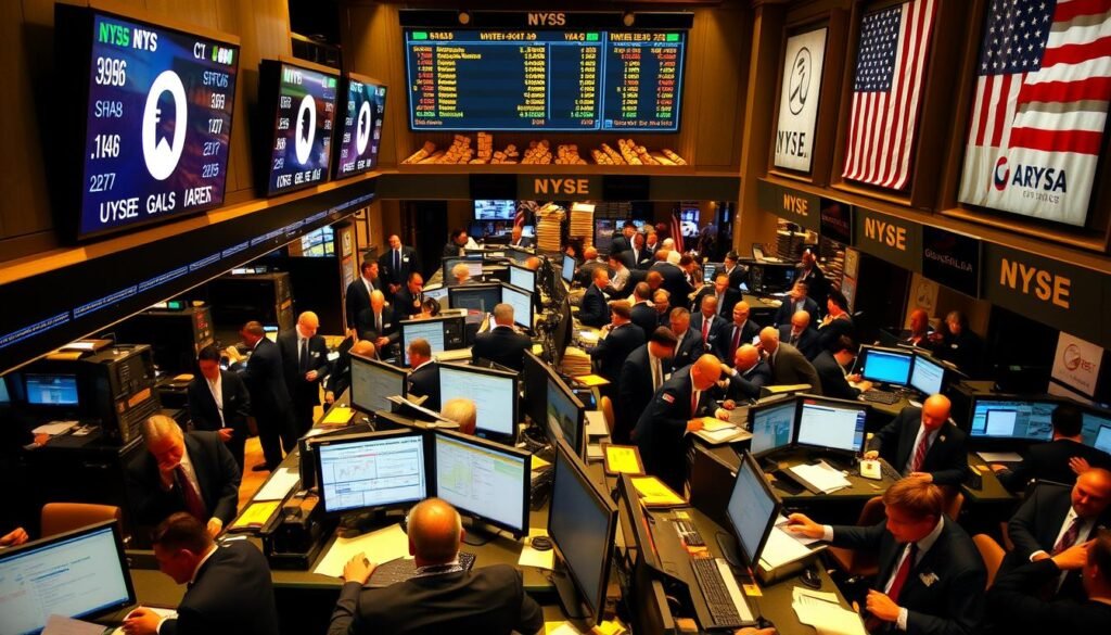 A bustling trading floor in the heart of New York City, with traders in suits and ties engaged in lively transactions. The room is bathed in a warm, golden hue, reflecting the gleam of the precious metal being exchanged. Stacks of charts, computer screens, and telephones create a sense of urgency and high-stakes activity. Overhead, a large digital display board flashes the latest gold prices, while the sound of shouting and the clatter of keyboards fill the air. The scene conveys the energy and dynamism of the New York gold market, a hub of financial activity and a testament to the global importance of this timeless commodity.