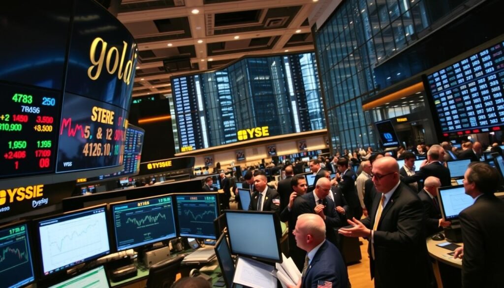 A bustling trading floor of the gold futures market, where brokers and traders engage in dynamic negotiations beneath the warm glow of recessed lighting. In the foreground, a series of digital displays showcase fluctuating prices and trading volumes, while in the middle ground, traders in suits and ties gesticulate animatedly, analyzing data and placing orders. The background is filled with the towering, glass-encased offices of the exchange, casting a sleek, modern atmosphere over the scene. The overall mood is one of intense focus and financial significance, capturing the essence of the fundamental workings of the gold futures market.