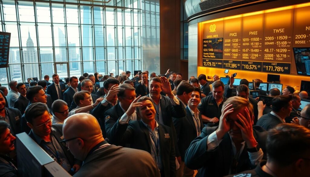 A bustling trading floor, traders huddled around screens, gesticulating animatedly as precious metal prices fluctuate. Tension thick in the air, expressions ranging from elation to despair as the herd mentality takes hold. Warm lighting casts a golden glow, reflecting off the gleaming metal tickers. In the background, a towering glass façade offers a view of the city skyline, a constant reminder of the wider economic forces at play. The scene captures the emotional intensity and crowd dynamics that drive precious metals trading, a microcosm of the human behavior that shapes global financial markets.