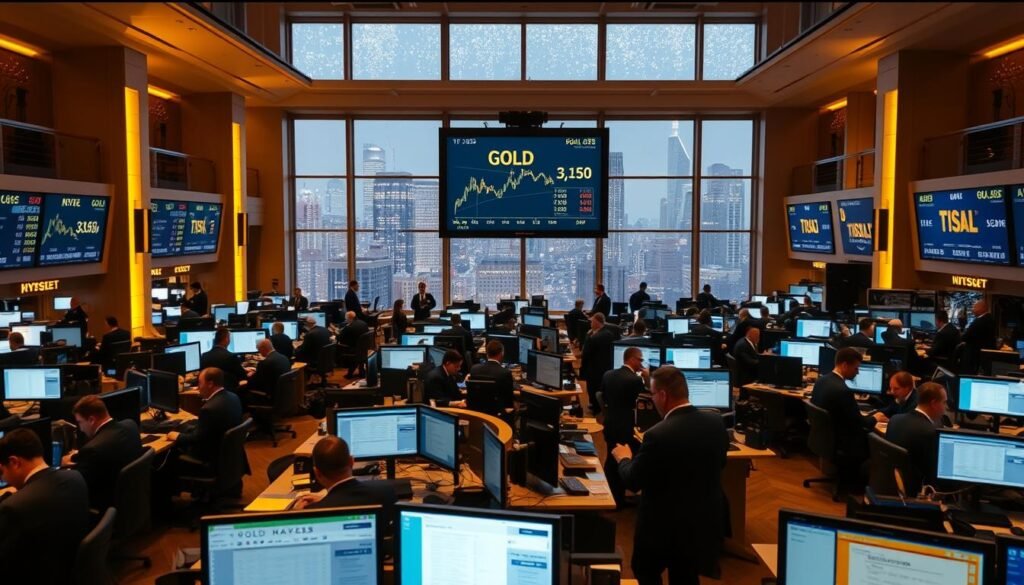 A bustling trading floor with rows of desks and computer terminals, illuminated by warm, golden lighting. In the foreground, traders in suits and ties are intensely focused, analyzing charts and placing orders. The middle ground features a large electronic display board showcasing the latest gold futures prices and trading volume. In the background, the room is framed by tall windows, offering a panoramic view of a glittering city skyline. The atmosphere exudes a sense of excitement and financial dynamism, capturing the essence of the gold futures market structure.