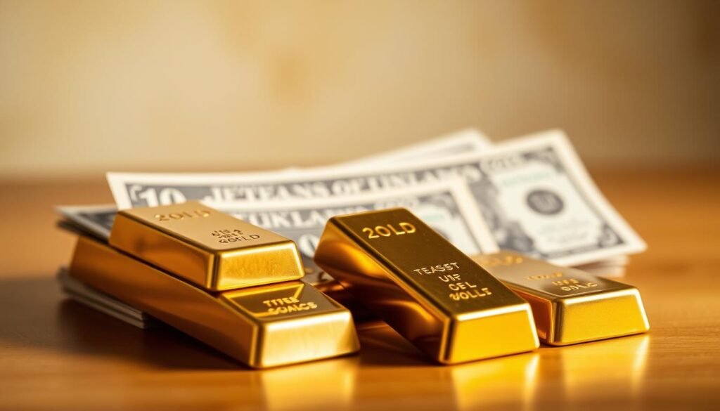 A captivating image of gold bars and U.S. Treasury bonds, symbolizing the traditional role of bonds in a risk-off portfolio. Set against a warm, muted backdrop, the bonds and gold are meticulously rendered, casting soft shadows and reflecting the gentle light. The composition showcases the interplay between these two financial instruments, highlighting their complementary nature. The scene conveys a sense of stability, security, and the timeless appeal of precious metals as a hedge against market volatility. Expertly captured with a shallow depth of field, the image draws the viewer's attention to the central elements, creating a visually striking and conceptually resonant representation of the traditional role of bonds in a risk-off portfolio. A captivating image of gold bars and U.S. Treasury bonds, symbolizing the traditional role of bonds in a risk-off portfolio. Set against a warm, muted backdrop, the bonds and gold are meticulously rendered, casting soft shadows and reflecting the gentle light. The composition showcases the interplay between these two financial instruments, highlighting their complementary nature. The scene conveys a sense of stability, security, and the timeless appeal of precious metals as a hedge against market volatility. Expertly captured with a shallow depth of field, the image draws the viewer's attention to the central elements, creating a visually striking and conceptually resonant representation of the traditional role of bonds in a risk-off portfolio.