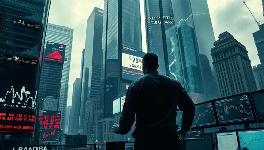 A chaotic cityscape with towering skyscrapers, their glass facades reflecting the turbulent stock market data displayed on digital billboards. In the foreground, a trader stands at a desk, hands gripping the edge as they monitor multiple screens, their face tense with concentration. The air is charged with an electric energy, as if the very buildings are pulsing with the unpredictable nature of commodity prices. Muted colors, dramatic shadows, and a sense of unease permeate the scene, capturing the volatile and high-stakes world of commodity risk management. A chaotic cityscape with towering skyscrapers, their glass facades reflecting the turbulent stock market data displayed on digital billboards. In the foreground, a trader stands at a desk, hands gripping the edge as they monitor multiple screens, their face tense with concentration. The air is charged with an electric energy, as if the very buildings are pulsing with the unpredictable nature of commodity prices. Muted colors, dramatic shadows, and a sense of unease permeate the scene, capturing the volatile and high-stakes world of commodity risk management.