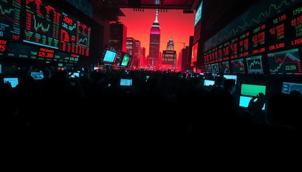 A chaotic crowd of silhouetted traders gesturing and moving erratically, surrounded by a sea of fluctuating, neon-colored financial charts and graphs. Captured with a wide-angle lens, the scene is bathed in an eerie, ominous lighting, casting dramatic shadows and highlighting the frenetic energy of the herd mentality in financial markets. In the foreground, the traders' expressions are indistinct, their individual identities obscured, symbolizing the loss of individual agency amidst the collective panic. The middle ground features a swirling vortex of data visualizations, pulsing and shifting rapidly, mirroring the volatility and unpredictability of the market. In the distant background, a towering, ominous financial district skyline looms, evoking a sense of the immense scale and power of the global financial system.