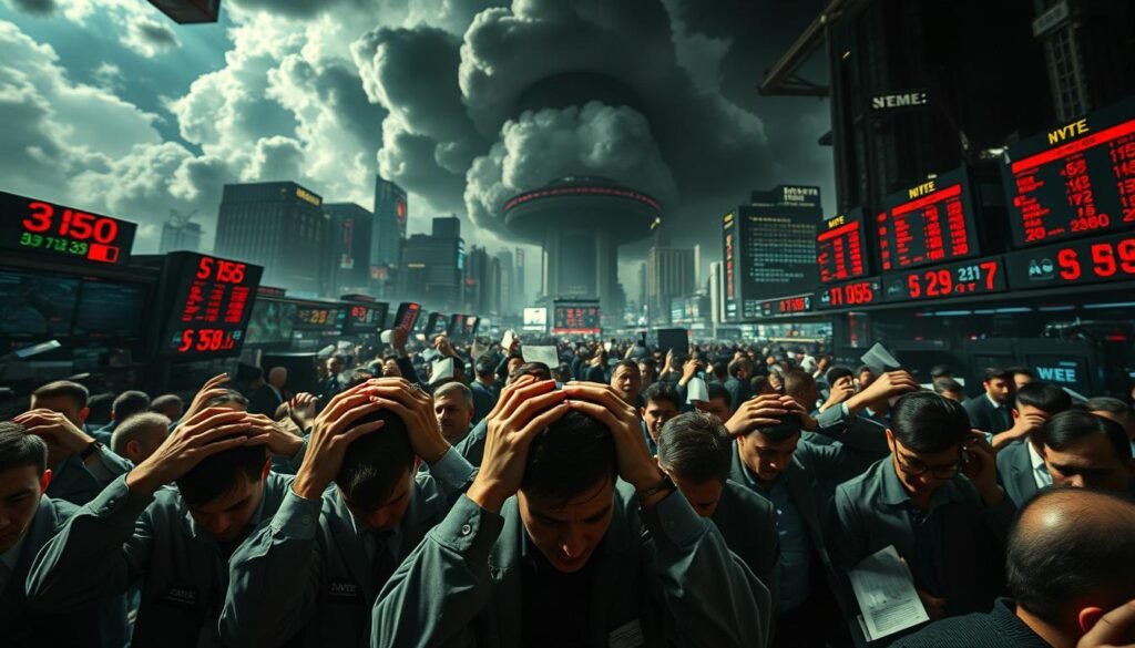A chaotic market scene, with traders caught in a whirlwind of fear and uncertainty. In the foreground, a huddle of panic-stricken investors, hands clasped to their heads, eyes wide with terror. The middle ground is a blur of frenzied trading, stock tickers flashing red, and papers scattered in disarray. In the background, a looming shadow of volatility, with ominous clouds and a dimly lit financial district. The lighting is harsh, creating dramatic shadows and highlights, underscoring the high-stakes, high-tension atmosphere. The overall mood is one of overwhelming dread, a sense of being trapped in a financial maelstrom beyond one's control. A chaotic market scene, with traders caught in a whirlwind of fear and uncertainty. In the foreground, a huddle of panic-stricken investors, hands clasped to their heads, eyes wide with terror. The middle ground is a blur of frenzied trading, stock tickers flashing red, and papers scattered in disarray. In the background, a looming shadow of volatility, with ominous clouds and a dimly lit financial district. The lighting is harsh, creating dramatic shadows and highlights, underscoring the high-stakes, high-tension atmosphere. The overall mood is one of overwhelming dread, a sense of being trapped in a financial maelstrom beyond one's control.