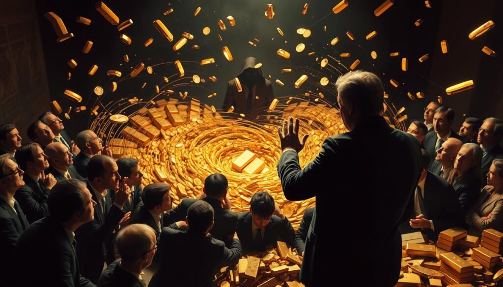 A chaotic, psychological scene depicting the manipulation tactics of a gold scam. In the foreground, a figure in a sharp suit appears to be pitching an investment opportunity to a group of potential victims, their expressions a mix of greed and uncertainty. The middle ground features a swirling vortex of gold coins and bars, drawing the eye inward. In the background, a shadowy, faceless figure lurks, pulling the strings behind the scenes. Dramatic chiaroscuro lighting casts dramatic shadows, creating a sense of unease and deception. The overall atmosphere is one of moral ambiguity, where the promise of easy wealth clashes with the sinister reality of a predatory scheme.