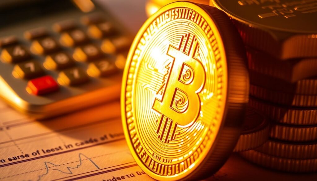 A close-up of a golden coin or bullion bar, illuminated by warm, golden lighting from the side, casting intricate shadows and highlights that emphasize the rich, lustrous texture and weight of the precious metal. Behind the coin, a blurred background with hints of financial documents, calculator, or other investment-related elements, creating a sense of the coin's role as an investment asset. The image should convey the tangible, timeless nature of gold as a reliable store of value and a cornerstone of a diversified investment portfolio. A close-up of a golden coin or bullion bar, illuminated by warm, golden lighting from the side, casting intricate shadows and highlights that emphasize the rich, lustrous texture and weight of the precious metal. Behind the coin, a blurred background with hints of financial documents, calculator, or other investment-related elements, creating a sense of the coin's role as an investment asset. The image should convey the tangible, timeless nature of gold as a reliable store of value and a cornerstone of a diversified investment portfolio.