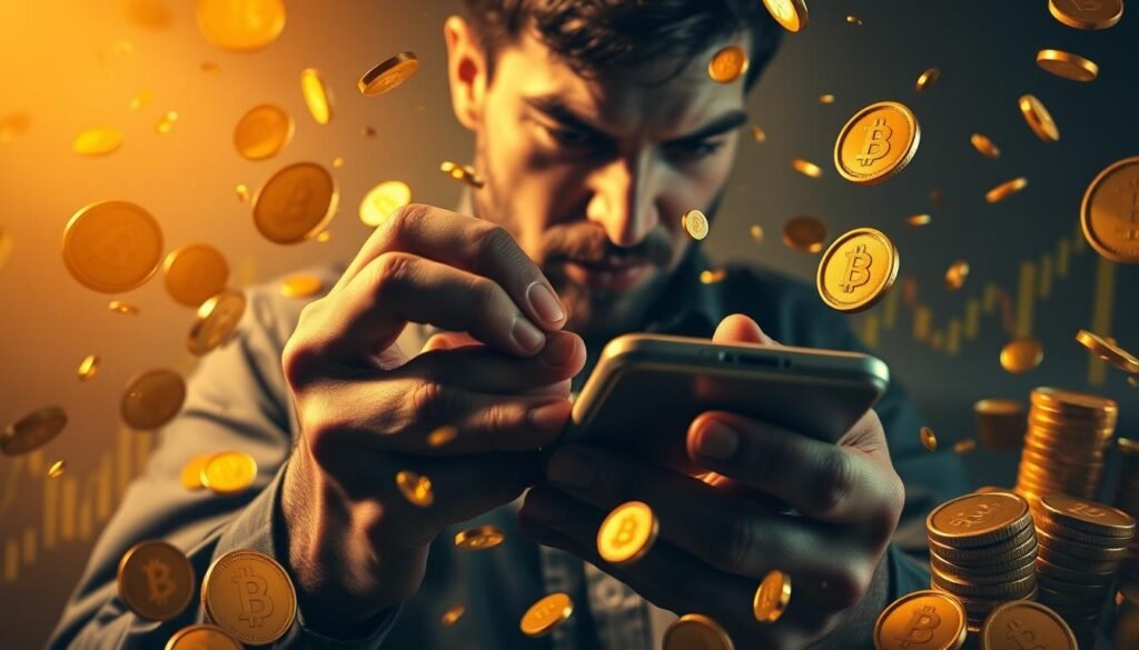 A close-up of an investor's hands frantically trading on a mobile device, surrounded by a chaotic swirl of gold coins, bars, and charts against a muted, pensive backdrop. The scene is bathed in a warm, golden light, creating an atmosphere of both exhilaration and unease. The investor's expression conveys a sense of obsession and the thrill of chasing the ever-elusive highs of the gold market. A close-up of an investor's hands frantically trading on a mobile device, surrounded by a chaotic swirl of gold coins, bars, and charts against a muted, pensive backdrop. The scene is bathed in a warm, golden light, creating an atmosphere of both exhilaration and unease. The investor's expression conveys a sense of obsession and the thrill of chasing the ever-elusive highs of the gold market.