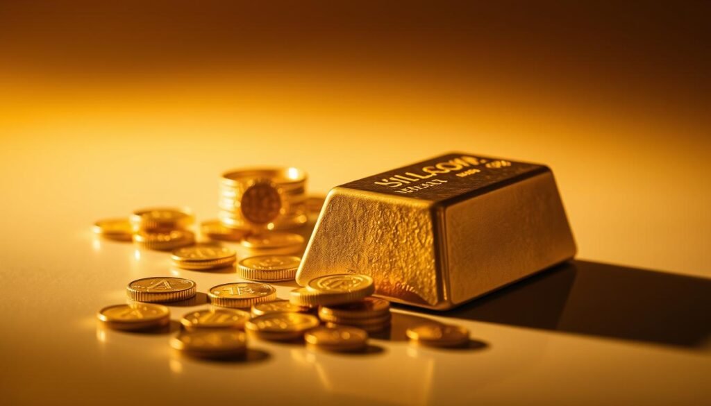 A close-up shot of a golden bullion bar resting on a smooth, reflective surface, bathed in warm, soft lighting. In the middle ground, various gold coins and jewelry pieces are arranged artfully, casting subtle shadows. The background features a subtle gradient, transitioning from a rich golden hue to a deeper, more burnished tone, creating a sense of depth and emphasis on the central subject. The overall composition conveys a sense of wealth, prestige, and the timeless allure of gold as a valuable investment asset. A close-up shot of a golden bullion bar resting on a smooth, reflective surface, bathed in warm, soft lighting. In the middle ground, various gold coins and jewelry pieces are arranged artfully, casting subtle shadows. The background features a subtle gradient, transitioning from a rich golden hue to a deeper, more burnished tone, creating a sense of depth and emphasis on the central subject. The overall composition conveys a sense of wealth, prestige, and the timeless allure of gold as a valuable investment asset.
