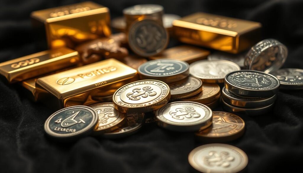 A close-up view of a variety of precious metals, including gold bars, silver coins, and platinum ingots, arranged in a visually striking composition on a dark, luxurious surface. The lighting casts a warm, glowing hue, highlighting the intricate textures and reflective qualities of the metals. The metals are positioned to create a sense of depth and visual interest, with some items in the foreground and others receding into the background. The overall mood is one of wealth, sophistication, and the inherent value of these rare and valuable commodities.