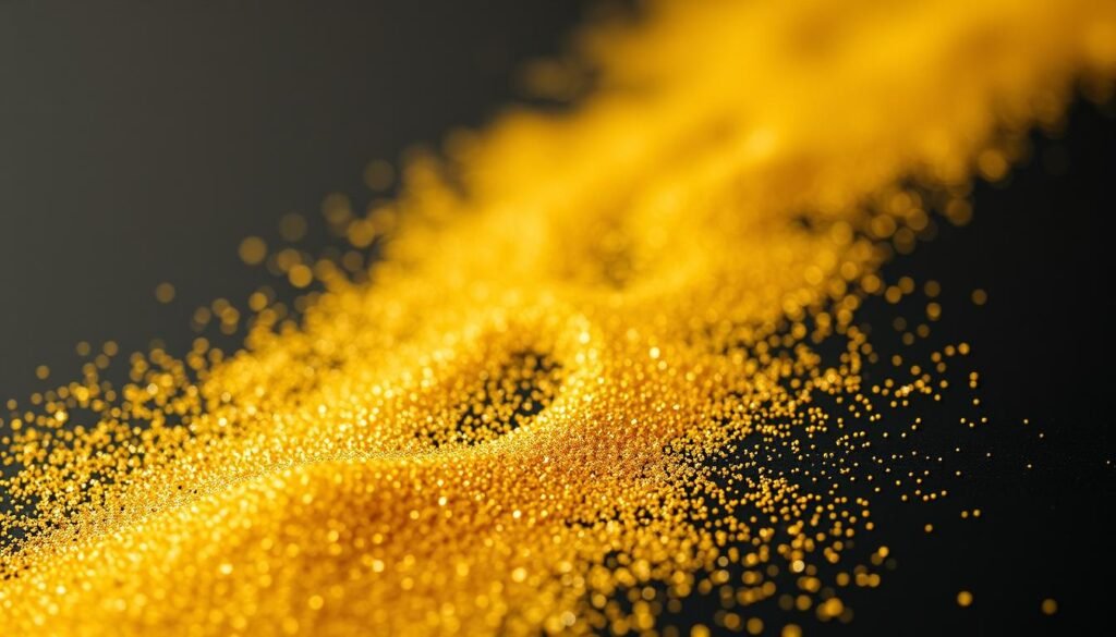 A close-up view of fine, shimmering gold powder meticulously arranged on a smooth, dark surface. The particles catch the light, casting a warm, luminous glow that radiates outward. The powder is uniform in size and shape, resembling a sea of glittering grains ready to be precisely layered and fused during the 3D printing process. The image conveys a sense of scientific precision and the captivating potential of this precious material in additive manufacturing. A shallow depth of field focuses the viewer's attention on the intricacy and allure of the gold powder, hinting at the advanced technology and engineering behind 3D printing with this valuable metal.