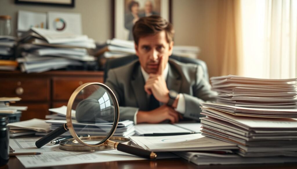 A cluttered desk with a magnifying glass, a stack of financial documents, and a confused-looking businessman sitting in an office chair, deep in thought. The lighting is soft and warm, creating a contemplative atmosphere. The businessman's face is partially obscured, hinting at the internal biases and preconceptions that cloud his investment decisions. The background is slightly blurred, focusing the viewer's attention on the central figure and the piles of paperwork that represent the complex world of finance.