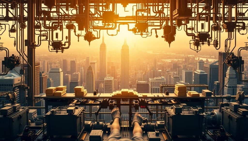 A complex series of transactions unfolds against a backdrop of intricate financial machinery. In the foreground, a streamlined process of gold ETF creation and redemption takes center stage, with institutional investors and authorized participants engaging in a delicate dance of asset exchange. The middle ground reveals the inner workings of the ETF structure, where the custodian, the depository, and the issuer work in seamless coordination. In the background, a panoramic view of the global financial landscape serves as a reminder of the broader context in which these operations occur, with skyscrapers and stock tickers providing a sense of scale and significance. The scene is bathed in a warm, golden hue, reflecting the precious metal at the heart of this dynamic system.