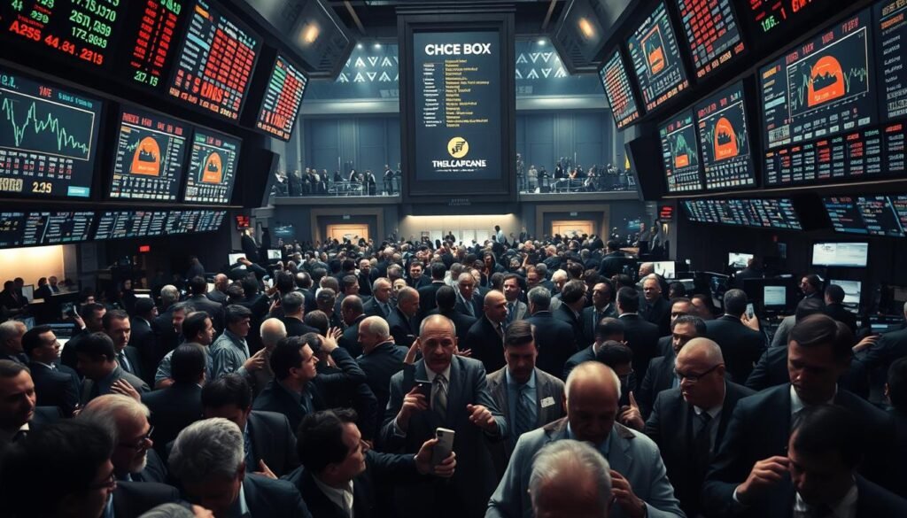 A crowded stock exchange floor, bustling with frenzied traders. In the foreground, a herd of faceless figures surge forward, their movements synchronized like a school of fish. Overhead, a dizzying array of stock tickers and graphs project data, casting an electric glow across the scene. The middle ground is a swirling maelstrom of gesticulating hands and furrowed brows, emotions running high. In the background, a dimly lit control room overlooks the chaos, where stoic analysts monitor the situation with detached, analytical gazes. Dramatic chiaroscuro lighting emphasizes the tension, shadows and highlights accentuating the urgency and volatility of the financial marketplace.