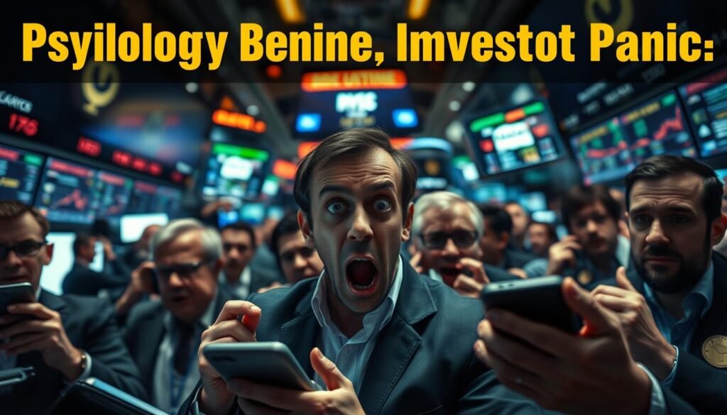 A crowded trading floor, brokers and traders in a frenzy, eyes wide with panic, hands gripping phones and computers as they frantically buy and sell. The atmosphere is tense, the lighting harsh and unforgiving, casting ominous shadows across the faces of the desperate investors. The background is a blur of stock tickers and charts, conveying the sense of a rapidly shifting, unpredictable market. The camera angle is slightly low, amplifying the overwhelming chaos and sense of impending doom. The overall tone is one of overwhelming anxiety and uncertainty, perfectly capturing the "Psychology Behind Investor Panic".
