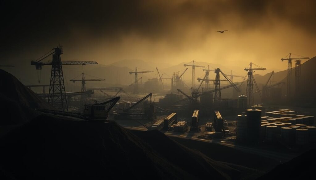 A dark, industrial landscape dominated by a towering gold mine operation. In the foreground, massive mining equipment excavates the earth, casting long shadows across the scene. The middle ground is a chaotic web of cranes, conveyor belts, and storage silos, all moving with a sense of urgency. The background is shrouded in a hazy, ominous atmosphere, hinting at the disruptions and uncertainties impacting the supply chain. Dramatic lighting casts a dramatic, almost foreboding tone, emphasizing the gravity of the situation. The composition draws the viewer's eye inward, leading them through the layers of this complex, high-stakes scenario.