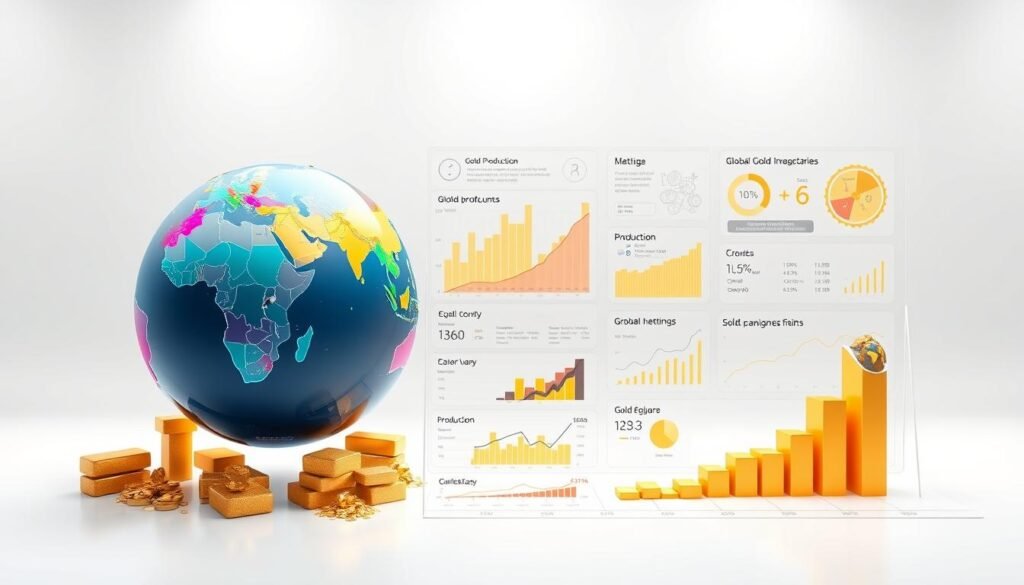 A detailed 3D infographic depicting global gold production, showcasing the relative contributions of major producing regions. A clean, data-driven visualization with a sleek, minimalist aesthetic. The foreground features an interactive globe, rotating to display production volumes by country, highlighted with vibrant color gradients. The middle ground presents dynamic charts and graphs, illustrating trends, production shares, and growth rates. The background frames the scene with a stark, white studio-like environment, allowing the data visualization to take center stage. Crisp lighting from multiple angles enhances depth and clarity, while a cool color palette evokes a sense of authority and professionalism befitting the subject matter. A detailed 3D infographic depicting global gold production, showcasing the relative contributions of major producing regions. A clean, data-driven visualization with a sleek, minimalist aesthetic. The foreground features an interactive globe, rotating to display production volumes by country, highlighted with vibrant color gradients. The middle ground presents dynamic charts and graphs, illustrating trends, production shares, and growth rates. The background frames the scene with a stark, white studio-like environment, allowing the data visualization to take center stage. Crisp lighting from multiple angles enhances depth and clarity, while a cool color palette evokes a sense of authority and professionalism befitting the subject matter.