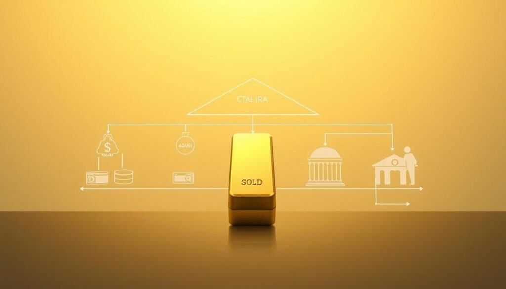 A detailed architectural diagram of a gold IRA structure, rendered in a sleek, minimalist style. The foreground depicts a central gold bullion bar, surrounded by various financial instruments and account types - traditional IRA, Roth IRA, 401(k) - all interconnected through clean lines and shapes. The middle ground showcases the custodial and storage components, with a secure vault and trusted financial institution. The background features a subtle gradient, casting a warm, golden glow over the entire scene, emphasizing the premium nature of the gold-based retirement plan. Captured with a wide-angle lens, the image conveys a sense of balance, stability, and the long-term security of a well-structured gold IRA.
