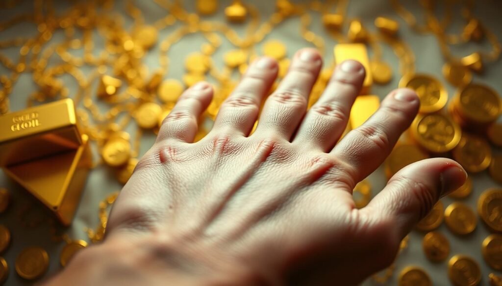 A detailed close-up of the palm of a hand, fingers intertwined, against a backdrop of golden bullion bars and glittering coins. Soft, diffused lighting casts a warm, ethereal glow, highlighting the intricate textures and lines of the skin. The fingers convey a sense of tension, hinting at the complex psychology underlying the desire to possess and accumulate gold. The middle ground features a swirling, abstract pattern of golden shapes and forms, evoking the fluctuating, emotional nature of the gold markets. The background is a hazy, dreamlike expanse, suggesting the allure and mystique that surrounds the pursuit of this precious metal.
