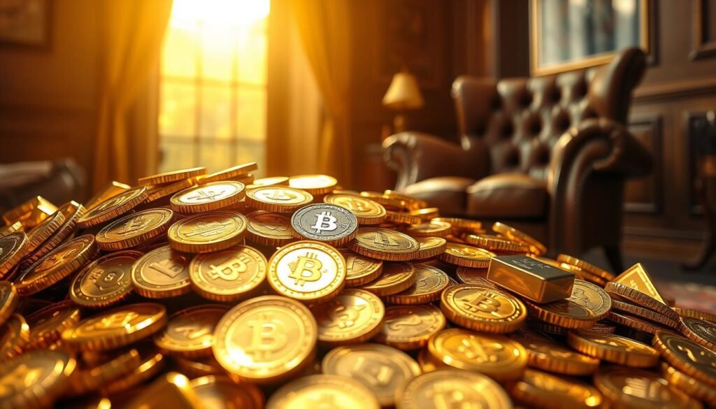 A detailed close-up view of a pile of shimmering gold coins and bars, illuminated by warm, natural lighting from an overhead window. The gold reflects the light, creating an inviting, opulent atmosphere. In the background, a luxurious leather armchair and a wood-paneled study suggest a refined, high-end setting. The overall composition conveys the tangible wealth and value represented by the gold, hinting at its allure and the reasons it is a common target for scams.