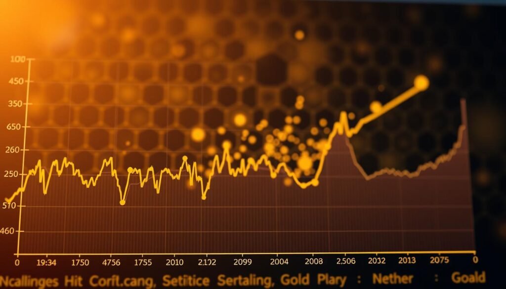 A detailed data visualization of the correlation between gold and cryptocurrency markets. In the foreground, a line graph displays the price fluctuations of gold and major cryptocurrencies over time, highlighting their statistical relationship. The middle ground features a scatter plot, visually demonstrating the directional correlation between the two asset classes. In the background, a subtle honeycomb pattern evokes the interconnected nature of global financial markets. Warm lighting casts a sense of analytical depth, while a shallow depth of field keeps the focus on the data insights. The overall composition conveys a thought-provoking exploration of gold as a potential hedge against crypto market volatility.