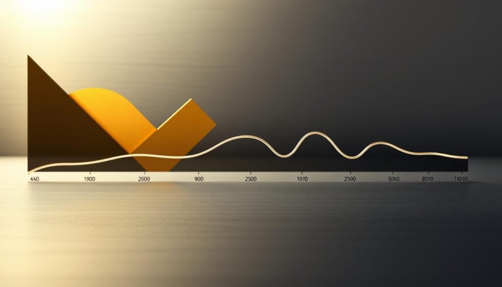 A detailed, data-visualized illustration of the historical fluctuations in the gold-silver ratio over an extended timeline. In the foreground, a sleek, minimalist line graph depicts the ratio's movement, represented by a fluid, metallic curve against a stark, monochromatic background. In the middle ground, abstract, geometric shapes in shades of gold and silver evoke the precious metals, subtly framing the central graph. The background features a subtly textured, brushed metal surface, casting a warm, reflective glow and reinforcing the subject's connection to the timeless allure of precious metals. Crisp, dramatic lighting accentuates the clean, modern aesthetic, while a carefully considered camera angle and composition draw the viewer's focus to the insightful data visualization. A detailed, data-visualized illustration of the historical fluctuations in the gold-silver ratio over an extended timeline. In the foreground, a sleek, minimalist line graph depicts the ratio's movement, represented by a fluid, metallic curve against a stark, monochromatic background. In the middle ground, abstract, geometric shapes in shades of gold and silver evoke the precious metals, subtly framing the central graph. The background features a subtly textured, brushed metal surface, casting a warm, reflective glow and reinforcing the subject's connection to the timeless allure of precious metals. Crisp, dramatic lighting accentuates the clean, modern aesthetic, while a carefully considered camera angle and composition draw the viewer's focus to the insightful data visualization.