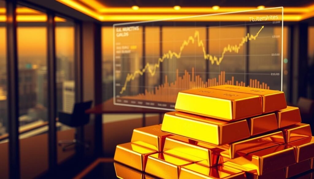 A detailed financial analysis of the gold market, showcased in a crisp, professional manner. In the foreground, a stack of golden bullion bars, their pristine surfaces gleaming under warm, directional lighting. In the middle ground, a holographic display projects real-time data charts and graphs, depicting the ebb and flow of gold prices over time. The background features a sleek, modern office setting, with floor-to-ceiling windows overlooking a bustling cityscape. The overall mood is one of authority, expertise, and the enduring significance of gold as a timeless financial asset. A detailed financial analysis of the gold market, showcased in a crisp, professional manner. In the foreground, a stack of golden bullion bars, their pristine surfaces gleaming under warm, directional lighting. In the middle ground, a holographic display projects real-time data charts and graphs, depicting the ebb and flow of gold prices over time. The background features a sleek, modern office setting, with floor-to-ceiling windows overlooking a bustling cityscape. The overall mood is one of authority, expertise, and the enduring significance of gold as a timeless financial asset.
