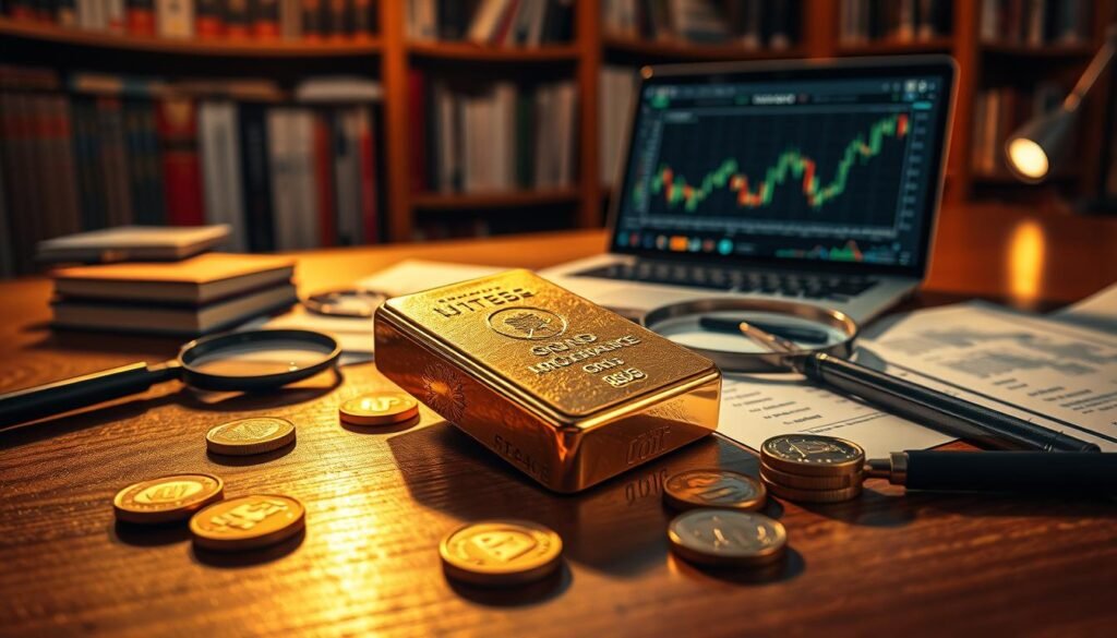 A detailed gold bar resting on a polished wooden table, surrounded by coins, magnifying glasses, and financial documents. The scene is bathed in warm, golden light, casting subtle shadows that emphasize the textured surfaces. In the background, a bookshelf filled with investment guides and a laptop displaying stock charts create an atmosphere of informed, strategic decision-making. The composition conveys a sense of careful analysis, thoughtful planning, and the potential rewards of a well-crafted gold investment strategy.