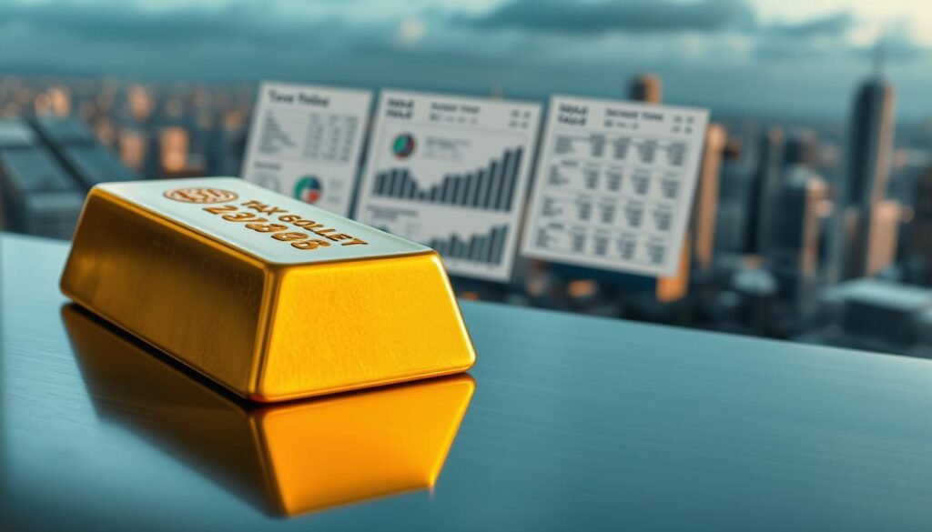 A detailed gold bar resting on a sleek metal surface, casting a warm, reflective glow under soft, directional lighting. In the middle ground, a series of financial documents and charts hover, showcasing intricate taxation calculations and investment strategies. The background features a subtly blurred cityscape, hinting at the global financial landscape. The overall mood is one of precision, wealth, and the careful navigation of complex financial regulations. A detailed gold bar resting on a sleek metal surface, casting a warm, reflective glow under soft, directional lighting. In the middle ground, a series of financial documents and charts hover, showcasing intricate taxation calculations and investment strategies. The background features a subtly blurred cityscape, hinting at the global financial landscape. The overall mood is one of precision, wealth, and the careful navigation of complex financial regulations.