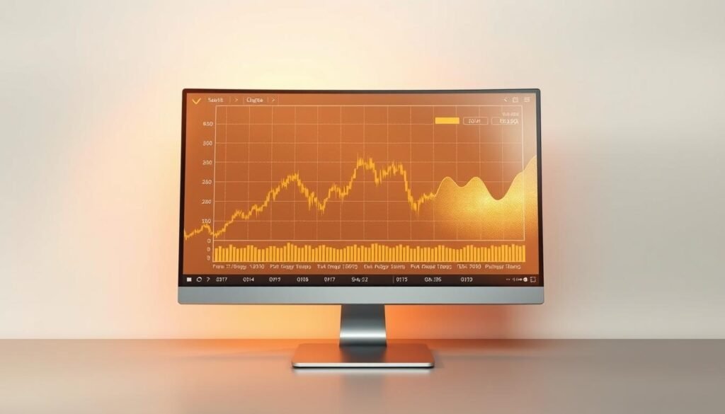 A detailed gold price chart displayed on a sleek, modern computer monitor. The chart is rendered in shimmering gold tones, with clean lines and precise data visualizations. The monitor is set against a minimalist, neutral-toned background, allowing the chart to take center stage. Soft, directional lighting casts a warm, inviting glow on the display, creating depth and dimension. The composition is balanced and visually appealing, showcasing the essential tools needed to analyze the nuances of the gold market. A detailed gold price chart displayed on a sleek, modern computer monitor. The chart is rendered in shimmering gold tones, with clean lines and precise data visualizations. The monitor is set against a minimalist, neutral-toned background, allowing the chart to take center stage. Soft, directional lighting casts a warm, inviting glow on the display, creating depth and dimension. The composition is balanced and visually appealing, showcasing the essential tools needed to analyze the nuances of the gold market.