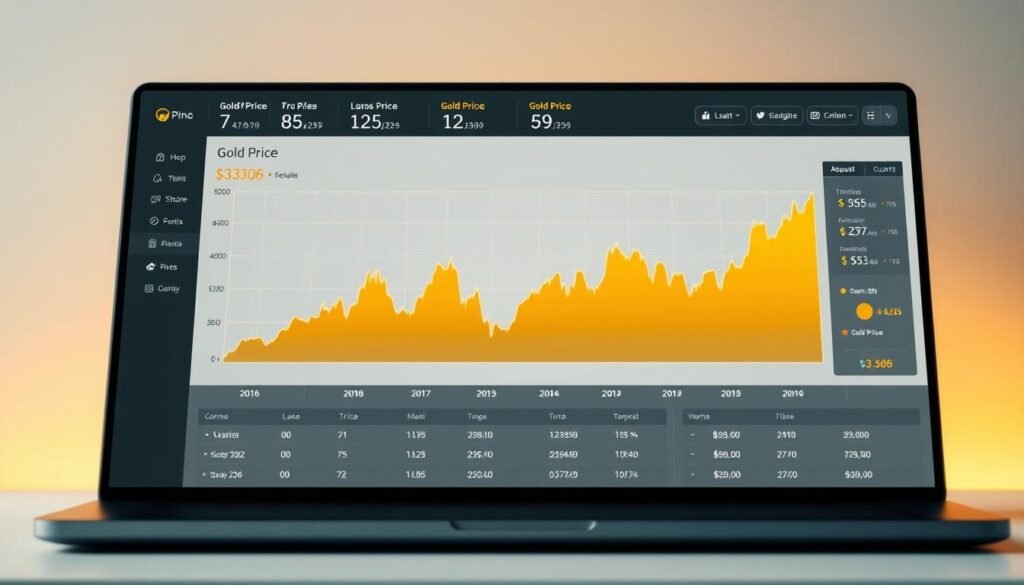 A detailed graph of gold price fluctuations over time, displayed on a sleek, minimalist dashboard interface. The graph uses vibrant golden hues and clean, modern data visualization techniques to clearly convey the historical price trends. The background is a soft, neutral tone, allowing the graph to take center stage. Subtle lighting casts a warm, almost ethereal glow, highlighting the importance and value of the gold price data. The overall composition is visually striking and informative, perfectly suited to illustrate the significance of tracking gold prices. A detailed graph of gold price fluctuations over time, displayed on a sleek, minimalist dashboard interface. The graph uses vibrant golden hues and clean, modern data visualization techniques to clearly convey the historical price trends. The background is a soft, neutral tone, allowing the graph to take center stage. Subtle lighting casts a warm, almost ethereal glow, highlighting the importance and value of the gold price data. The overall composition is visually striking and informative, perfectly suited to illustrate the significance of tracking gold prices.