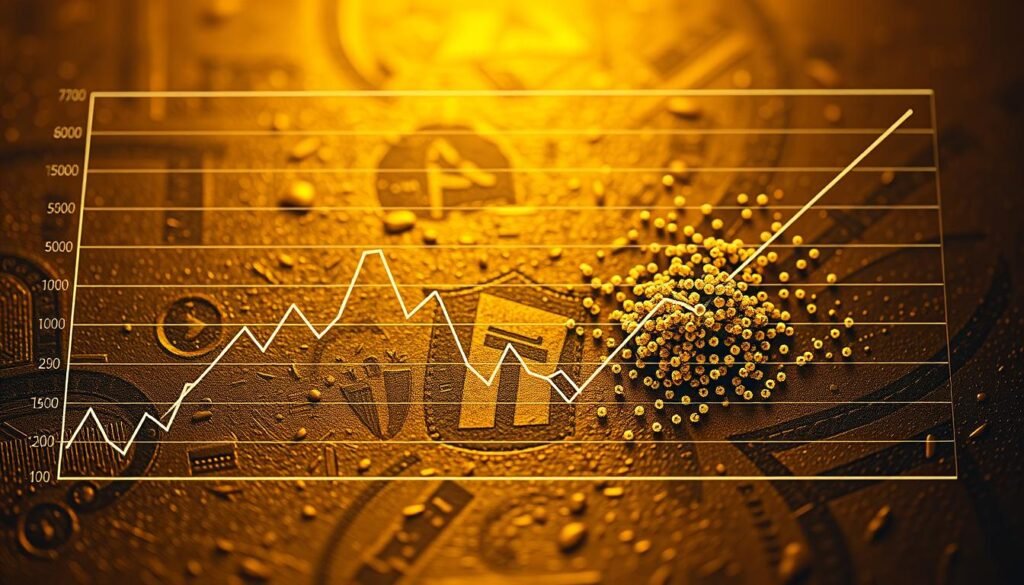 A detailed graph showcasing the inverse relationship between interest rates and gold prices. In the foreground, a line graph depicting the fluctuating interest rates and gold prices over time, with the lines moving in opposite directions. In the middle ground, a scatter plot highlighting the clear negative correlation between the two financial metrics. In the background, a subtle textured pattern reminiscent of precious metal and currency. The scene is bathed in a warm, golden light, creating a sense of depth and highlighting the connection between interest rates and the value of gold. The overall atmosphere conveys the complex, intertwined nature of these economic indicators.