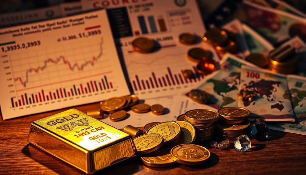 A detailed, high-contrast still life composition capturing the key factors driving the dynamic gold market. In the foreground, a glimmering gold bar and a handful of gold coins are illuminated by warm, directional lighting, casting dramatic shadows. In the middle ground, financial charts and reports depicting fluctuating gold prices and trading volumes are neatly arranged. The background features an array of world currencies, precious gemstones, and other tangible assets, hinting at the global economic forces influencing the gold marketplace. The overall scene conveys a sense of wealth, stability, and the high-stakes world of gold investment and speculation.