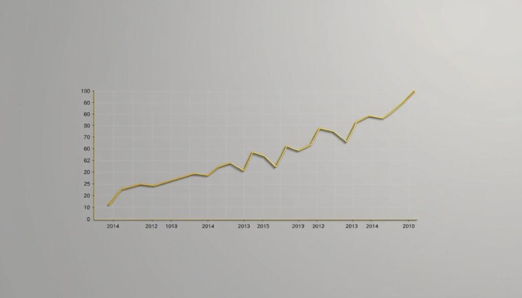 A detailed, high-quality chart displaying the trajectory of gold prices over time, rendered in a sleek, modern style. The chart occupies the central focus, set against a clean, minimalist background with muted tones to allow the data visualization to take center stage. The chart itself features precise gridlines, clearly marked axes, and a smooth, flowing line graph depicting the rises and falls in gold prices, conveying a sense of market analysis and financial insights. Lighting is soft and even, creating a professional, authoritative atmosphere. The overall composition and style communicate the analytical nature of the subject matter.